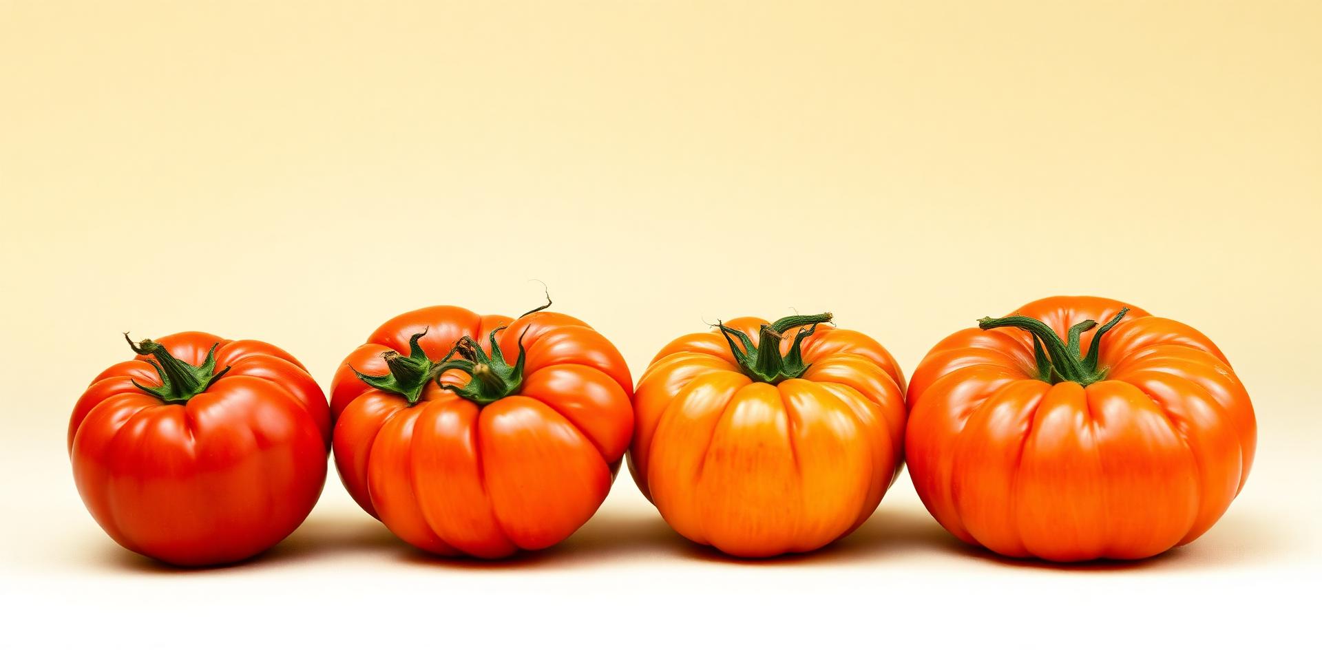 Four distinct heirloom tomatoes resting side by side