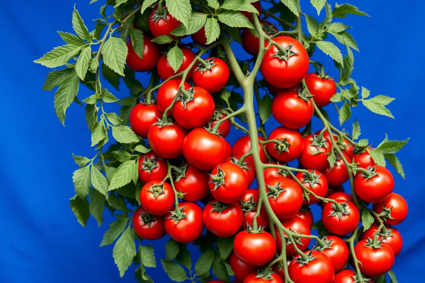 An abundant tomato plant heavy with ripe fruit against blue