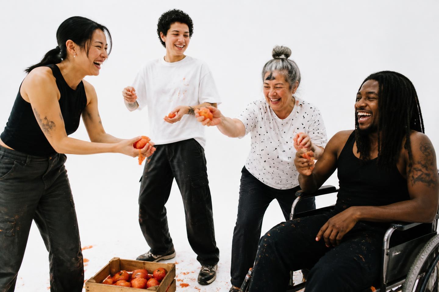 Four friends of different ages and backgrounds laughing while tossing tomatoes