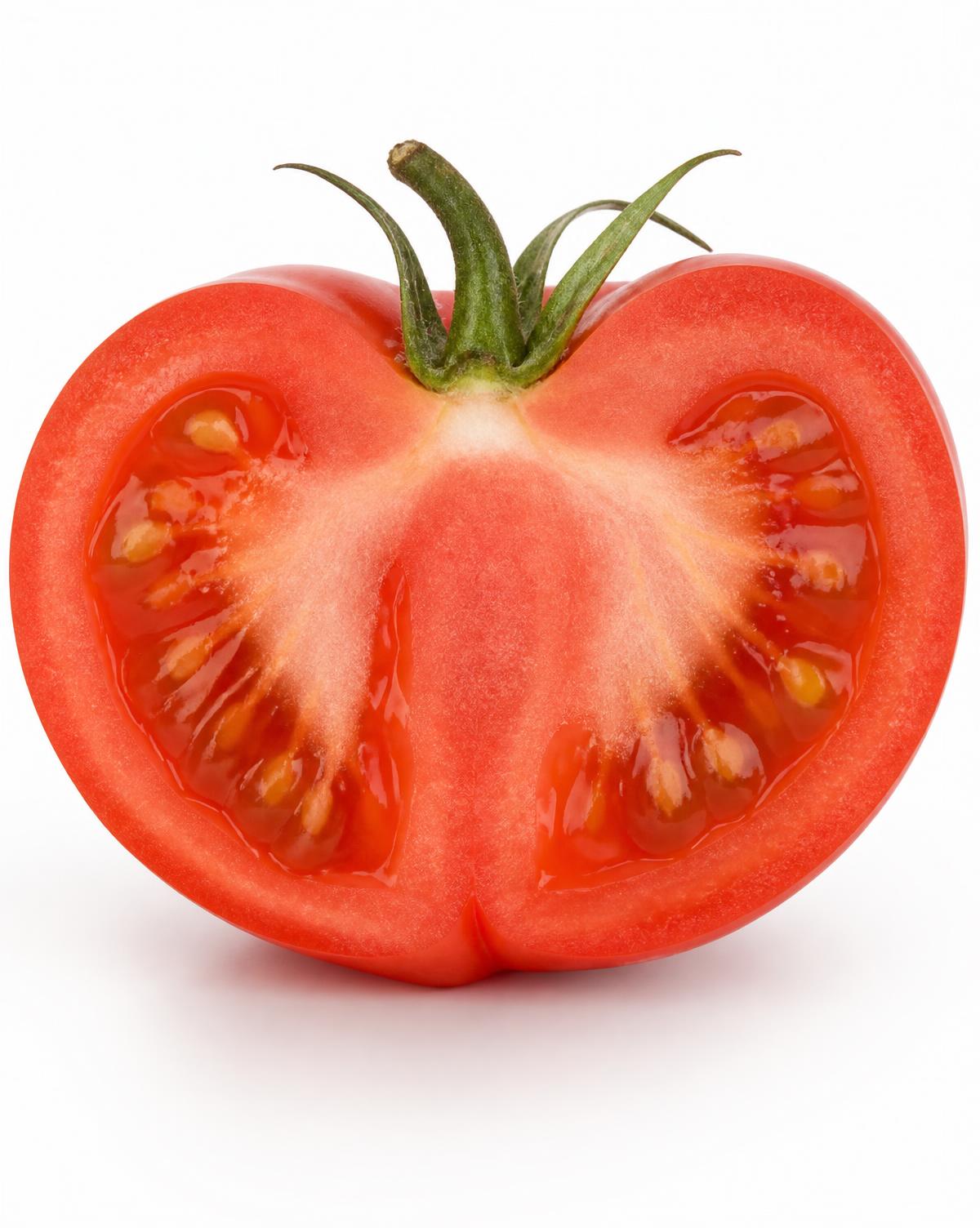 A ripe tomato sliced in half, seed chambers visible